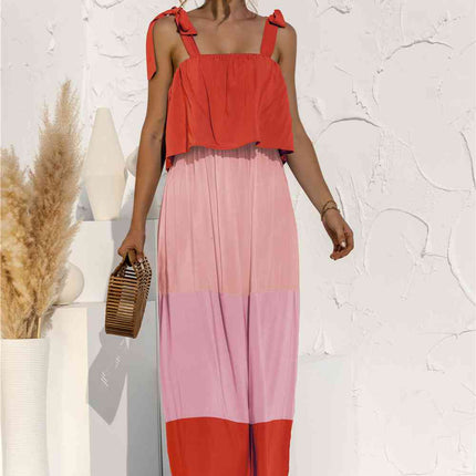 Color Block Tie Shoulder Tiered Sleeveless Dress
