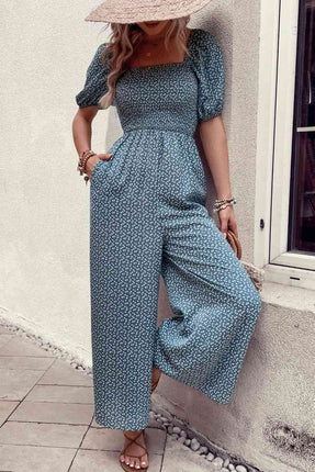 Printed Square Neck Jumpsuit with Pockets