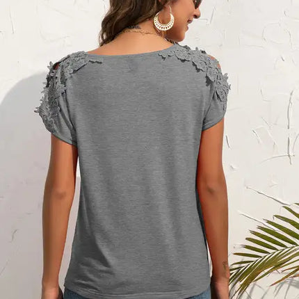Women's Casual Lace Stitched V-Neck Pullover Short Sleeve Tops