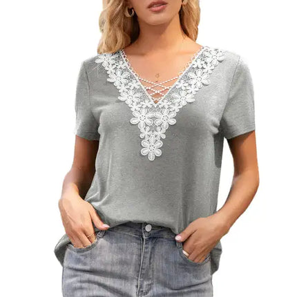 Women's Sexy Deep V Neck Cutout Lace Panel T-Shirt