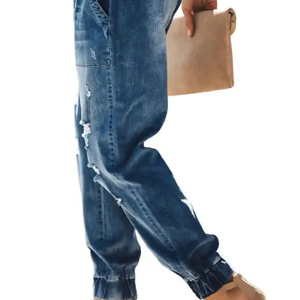 Women's Jeans With Ripped Drawstring Elastic Waist And Washed