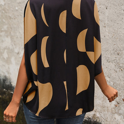 Printed Notched Slit Half Sleeve Blouse