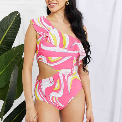 Marina West Swim Vitamin C Asymmetric Cutout Ruffle Swimsuit in Pink