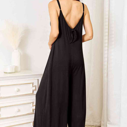 Double Take Full Size Soft Rayon Spaghetti Strap Tied Wide Leg Jumpsuit