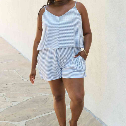 Culture Code Let It Happen Full Size Double Flare Striped Romper in Cobalt Blue