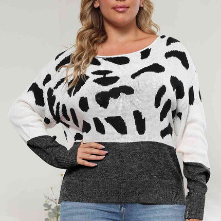Plus Size Leopard Round Neck Long Sleeve Sweater