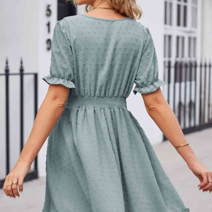 Swiss Dot Frill Trim Flounce Sleeve V-Neck Dress