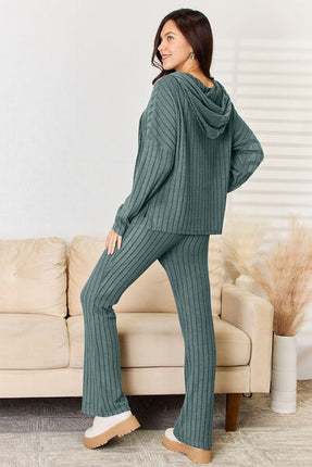 Basic Bae Full Size Ribbed Drawstring Hood Top and Straight Pants Set - Vickie Lynn's