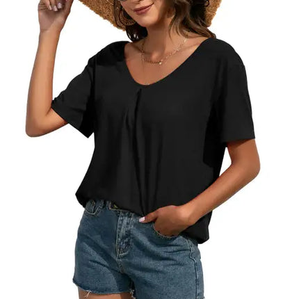 Camiseta casual de manga corta con cuello en V y encaje para mujer 