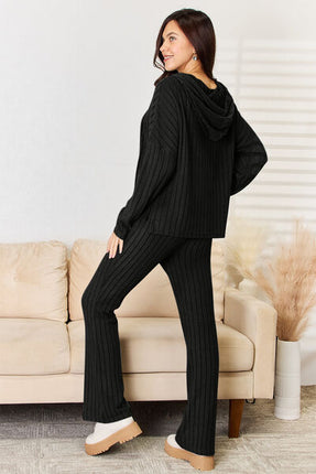 Basic Bae Full Size Ribbed Drawstring Hood Top and Straight Pants Set - Vickie Lynn's