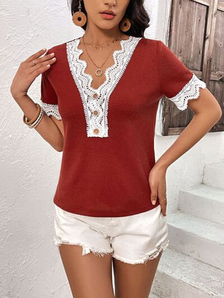 Lace Detail V-Neck Short Sleeve T-Shirt