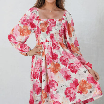 Floral Smocked Square Neck Long Sleeve Dress