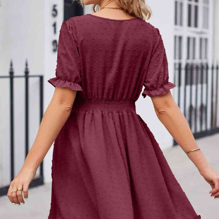 Swiss Dot Frill Trim Flounce Sleeve V-Neck Dress