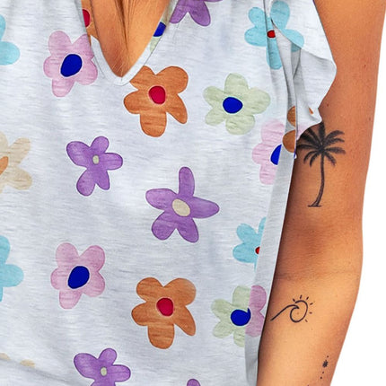 Printed Notched Cap Sleeve T-Shirt