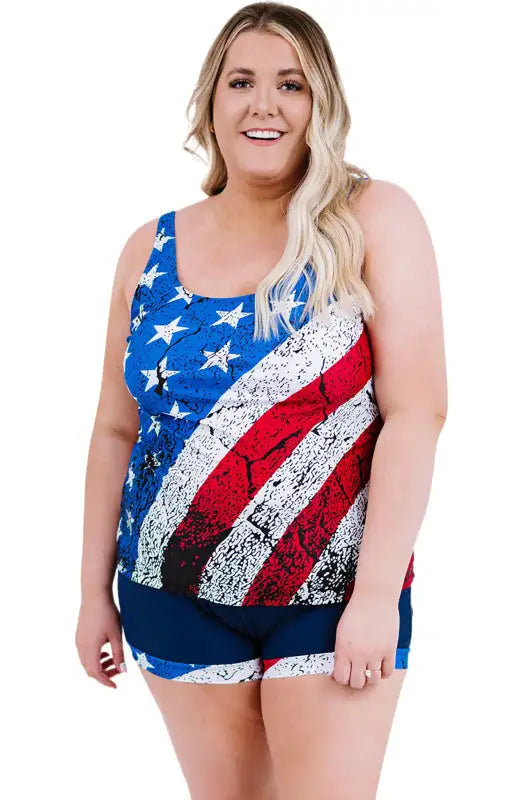 Traje de baño tankini de talla grande con estampado de bandera americana multicolor 