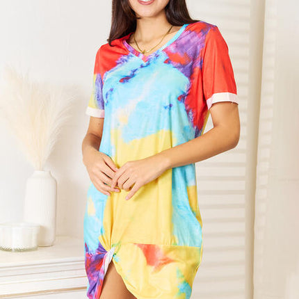 Double Take Tie-Dye V-Neck Twisted Dress