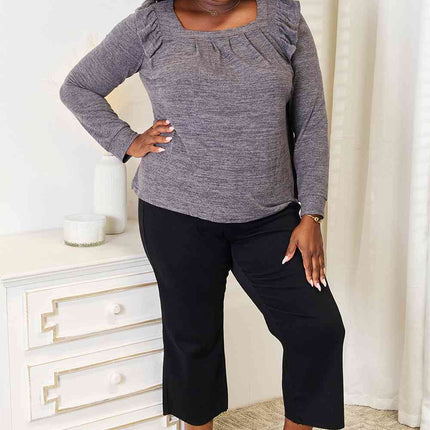 Double Take Square Neck Ruffle Shoulder Long Sleeve T-Shirt