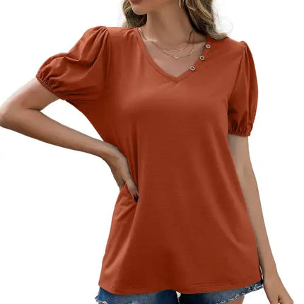 Women's Loose V-Neck Pullover Short Sleeve T-Shirt Solid Color Puff Sleeve Top