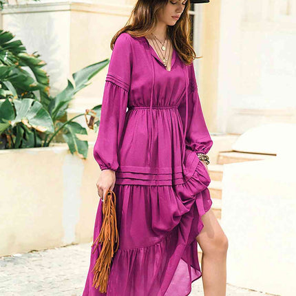 Tie Neck Long Sleeve Midi Tiered Dress