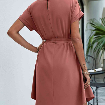 Belted Round Neck Curved Hem Dress