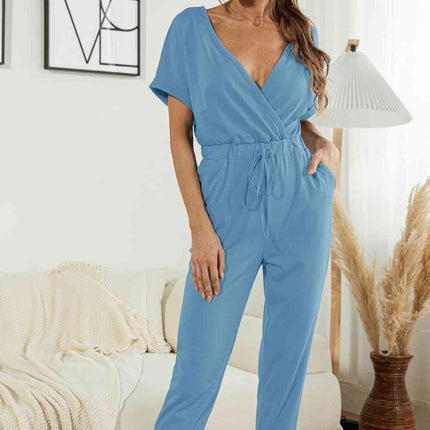 Surplice Neck Tied Short Sleeve Jumpsuit