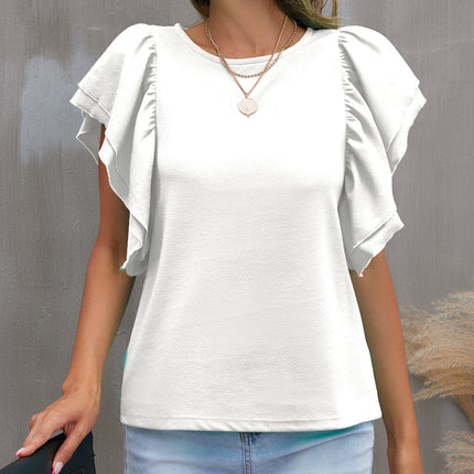 Round Neck Flounce Sleeve Blouse