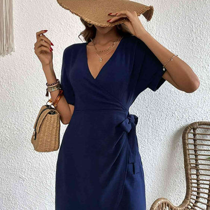 Tied Cuffed Sleeve Surplice Dress