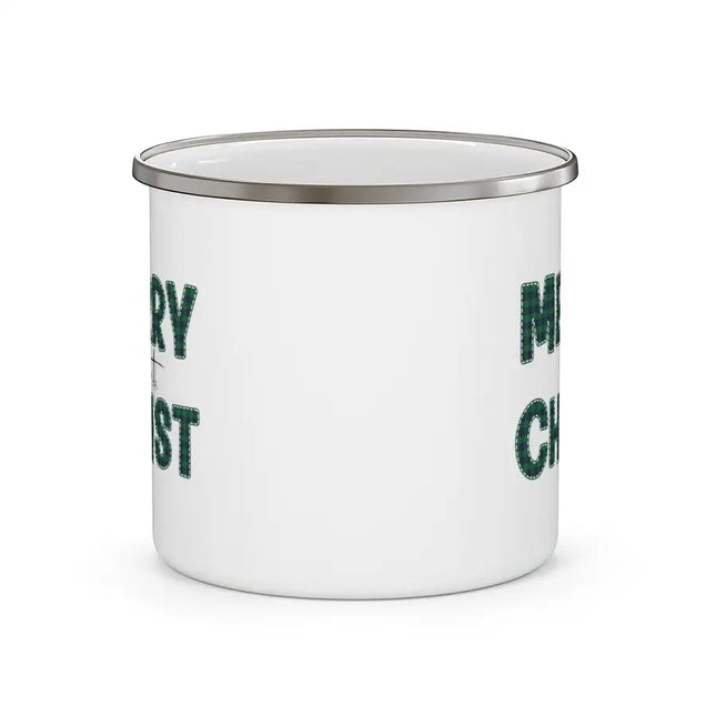 White Enamel Mug for School/Work/Travel - 12oz, Merry With Christ, Green Plaid Christmas Holiday Pattern Print