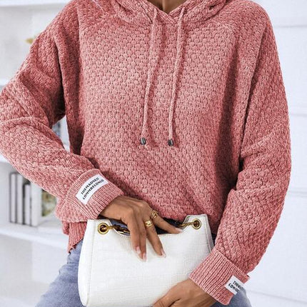 Texture Drawstring Long Sleeve Hooded Sweater - Vickie Lynn's