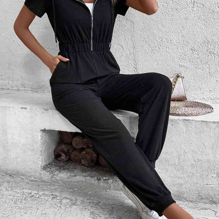 Zip-Up Short Sleeve Hooded Jumpsuit with Pockets