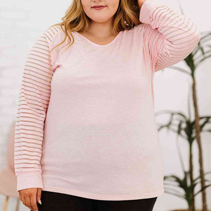 Plus Size Sheer Striped Sleeve V-Neck Top