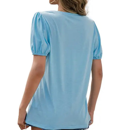 Women's Loose V-Neck Pullover Short Sleeve T-Shirt Solid Color Puff Sleeve Top