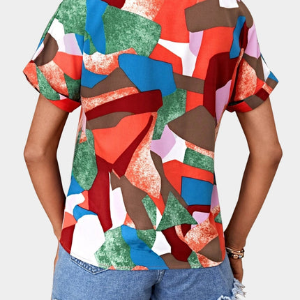 Printed V-Neck Short Sleeve Blouse
