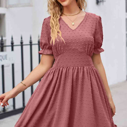Swiss Dot Frill Trim Flounce Sleeve V-Neck Dress