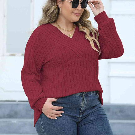 Plus Size Ribbed V-Neck Long Sleeve Top