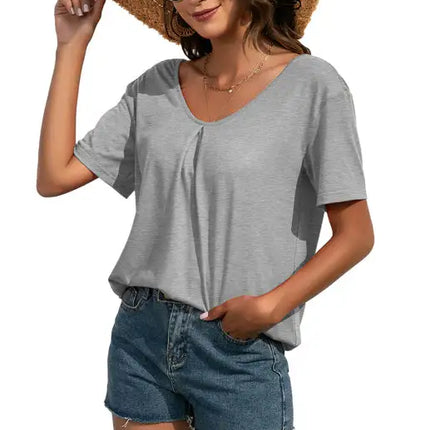 Camiseta casual de manga corta con cuello en V y encaje para mujer 