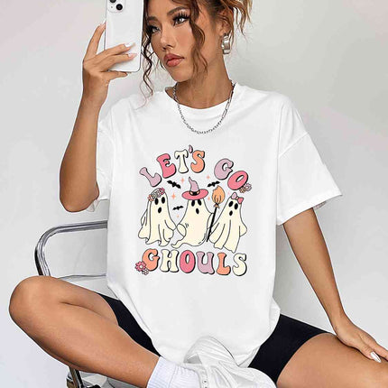 Round Neck Short Sleeve LET'S GO GHOULS Graphic T-Shirt