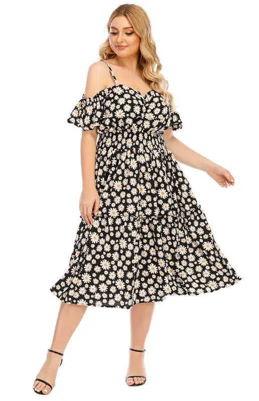 Vestido floral con hombros descubiertos y talla grande para mujer 