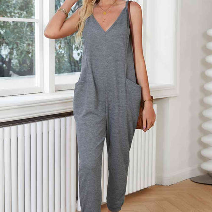 Spaghetti Strap Deep V Jumpsuit with Pockets