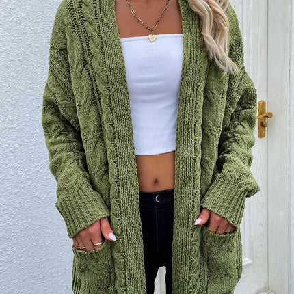 Woven Right Cable-Knit Open Front Cardigan with Front Pockets