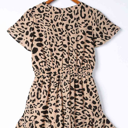 Leopard Flutter Sleeve Ruffle Hem Romper