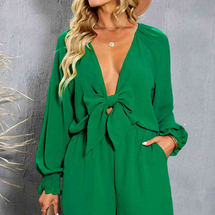 Tied Flounce Sleeve Plunge Romper
