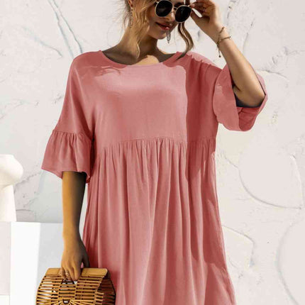Boat Neck Flounce Sleeve Knee-Length Dress