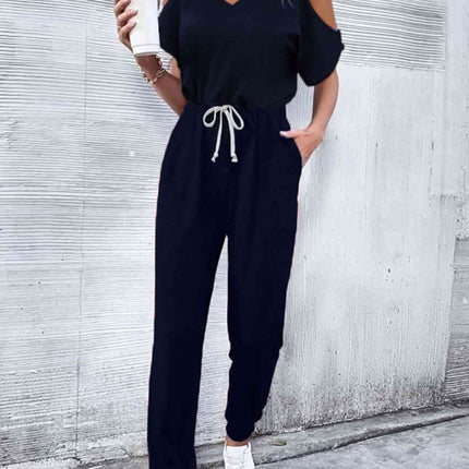 V-Neck Cold-Shoulder Jumpsuit with Pockets