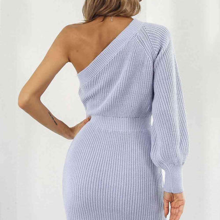 One Shoulder Raglan Sleeve Pencil Sweater Dress