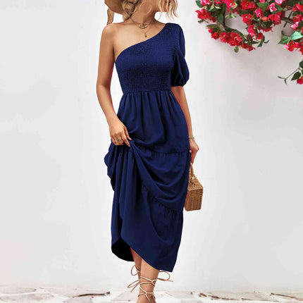 Smocked One-Shoulder Midi Dress