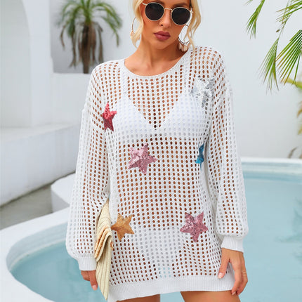 Sequin Star Round Neck Long Sleeve Cover Up
