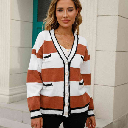Color Block V-Neck Long Sleeve Cardigan