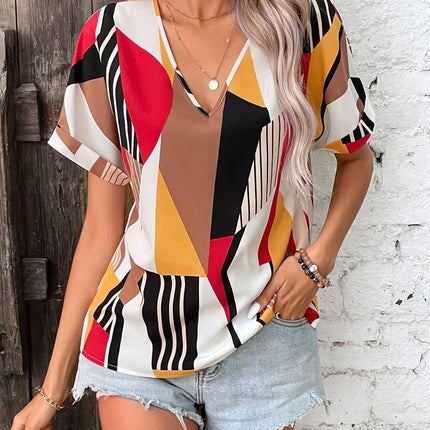 Printed V-Neck Short Sleeve Blouse