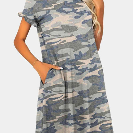 Flounce Sleeve Round Neck Dress with Pockets